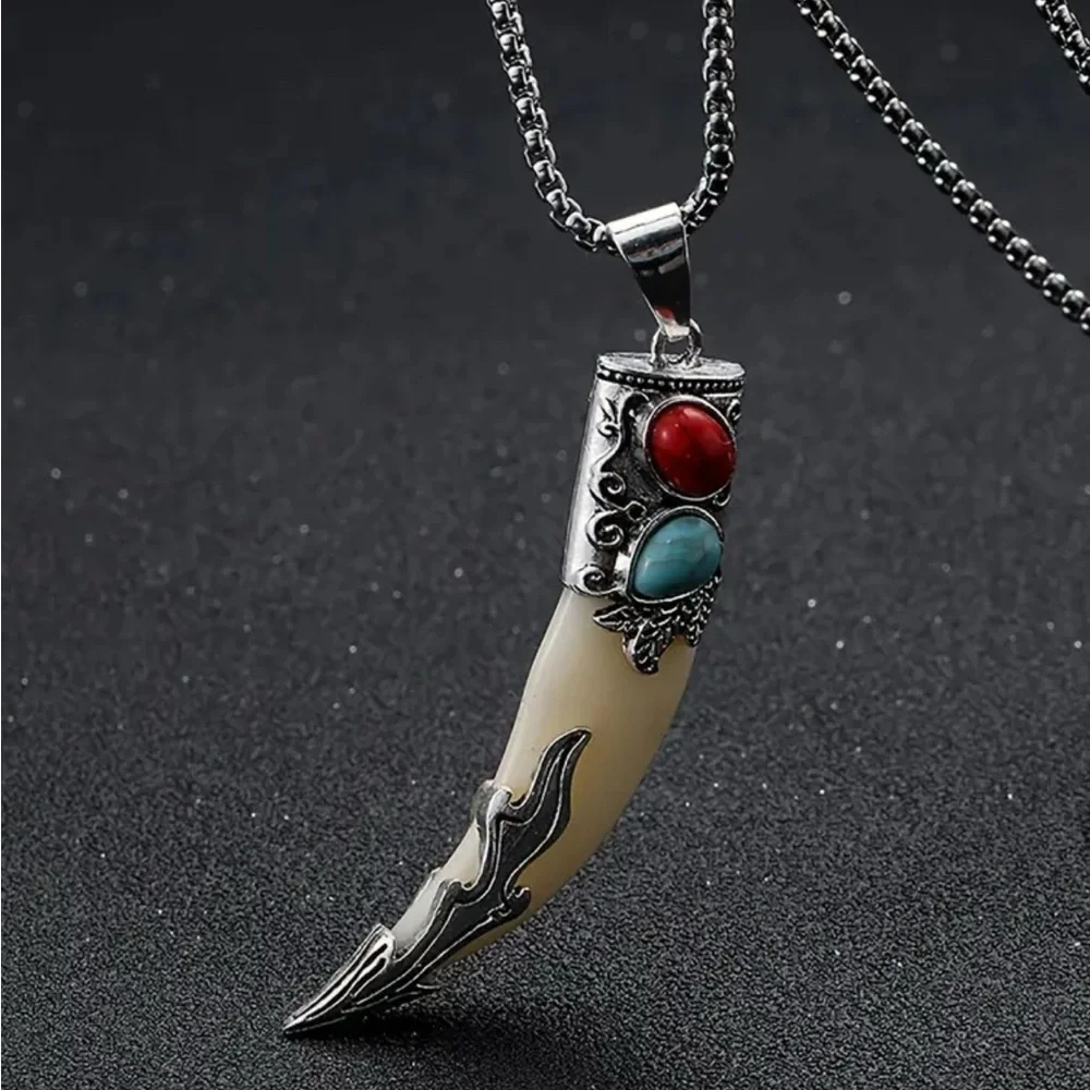 Silver Pendant Necklace with Red and Blue Accents.